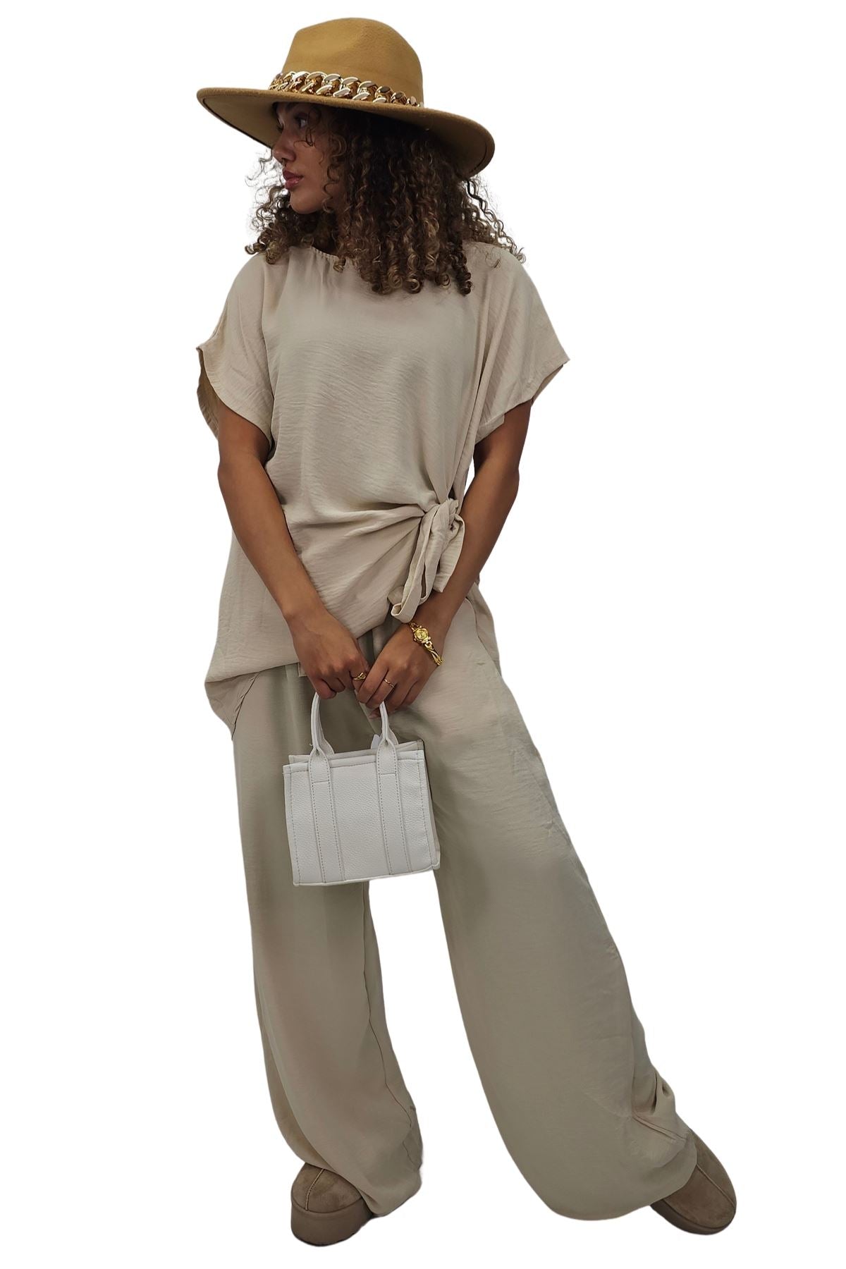 Plain Side Tie Detail Drawstring Waistband Co-Ord Set