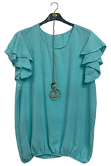 Plain Flutter Sleeves Elastic Hemline Top