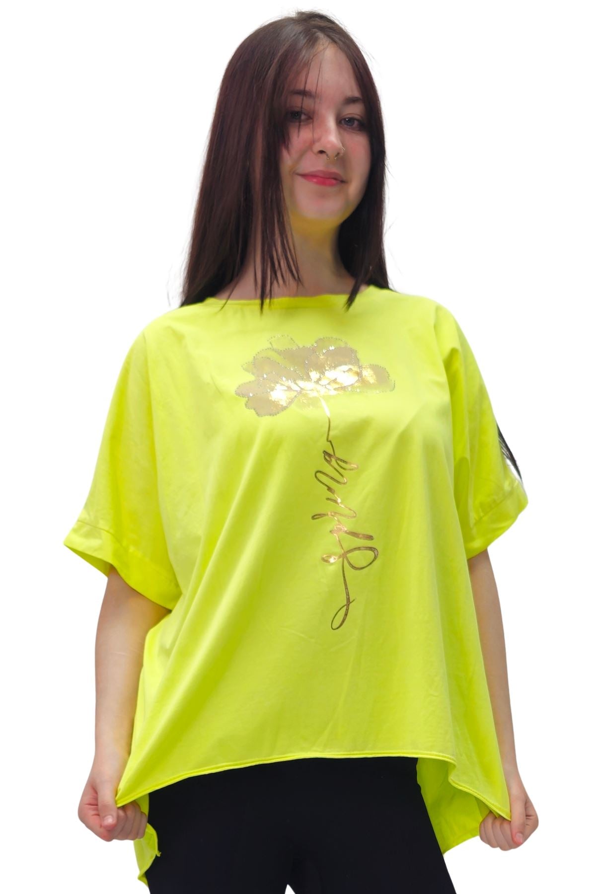 Gold Foil Spring Flower High Low Hem Cotton Top