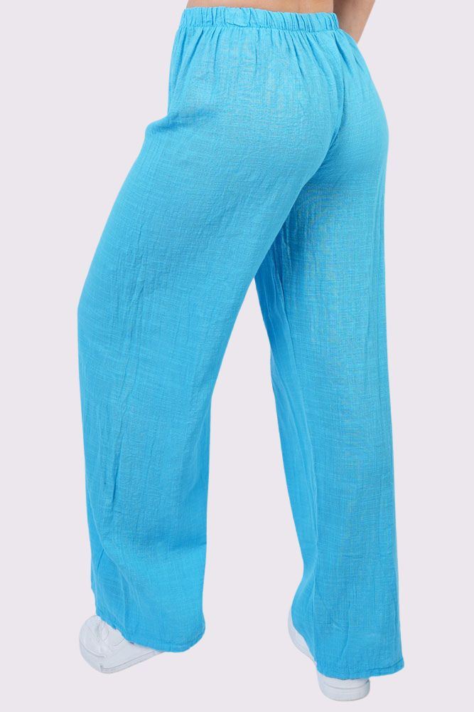 Plain Drawstring Wide Legs Cotton Trousers