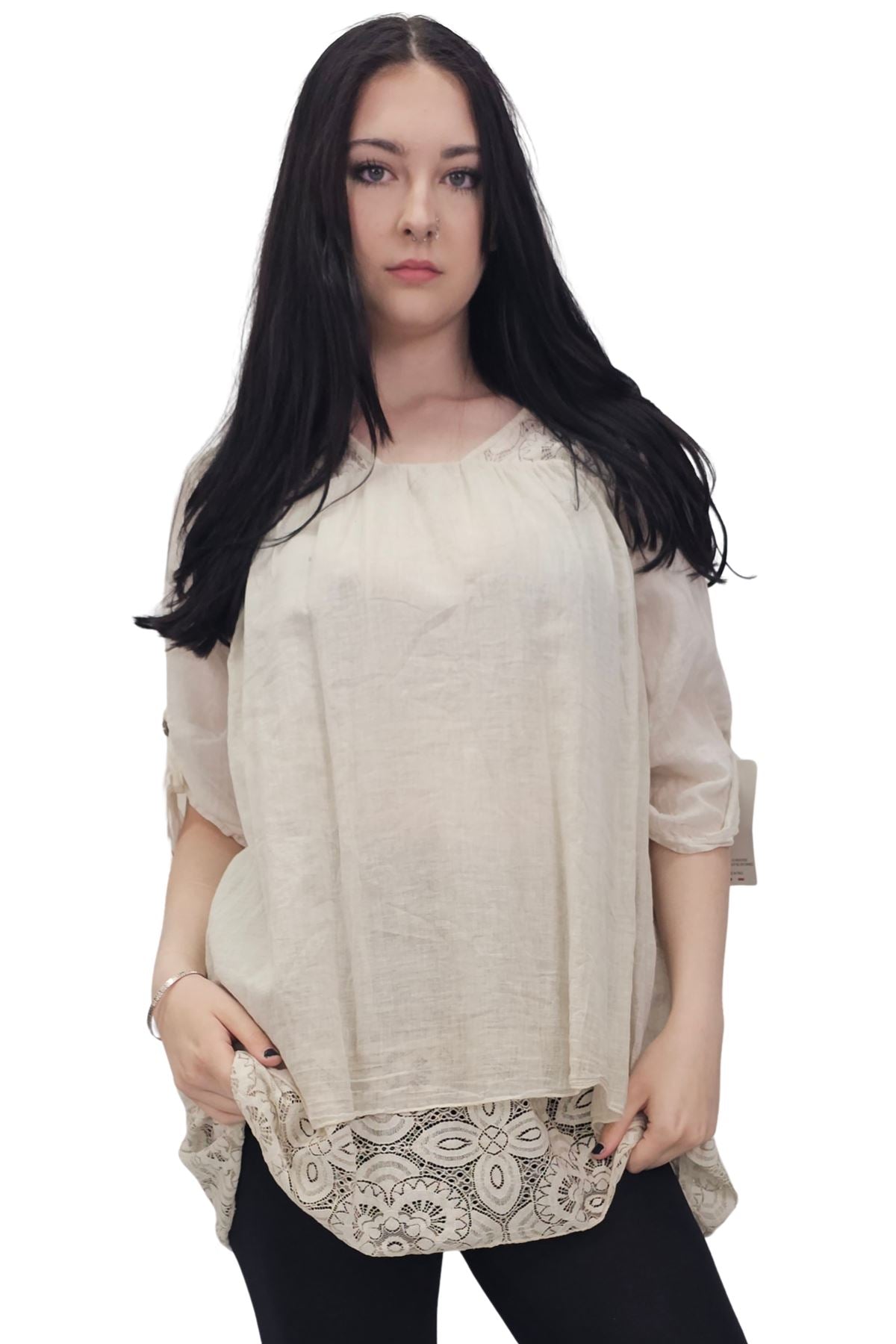 Floral Pattern Lace Detailing Layered Hem Cotton Top