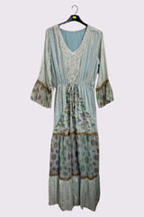 Rose Gold Stripe Pattern Maxi Long Sleeve Ruffle Front Dress