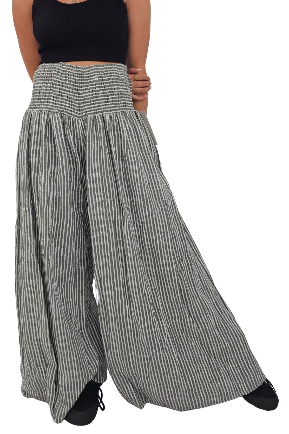 Vertical Stripes Print Smocked Waistband Wide Leg Cotton Palazzo