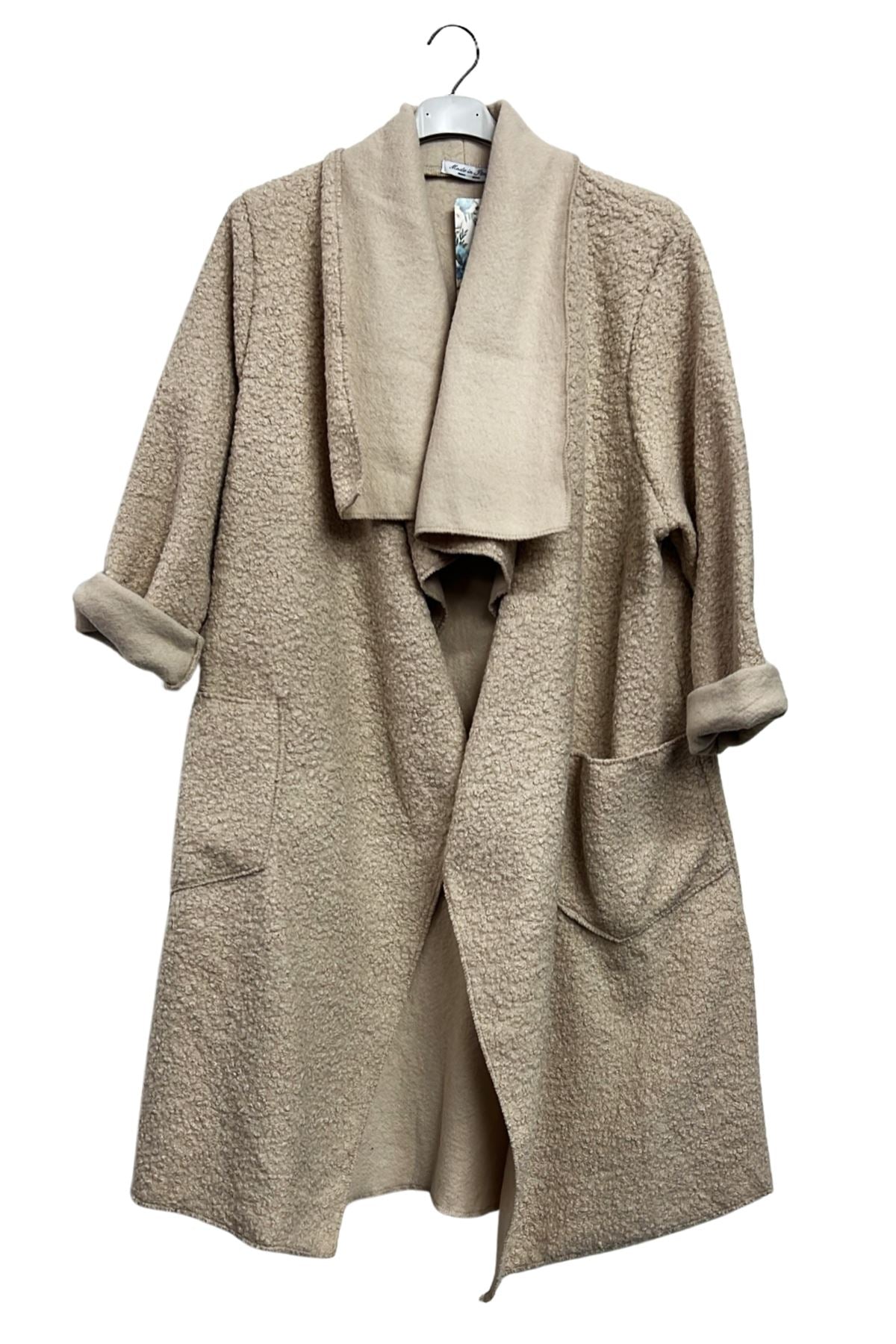 Plain Draped Coller Front Two Pockets Cotton Coat