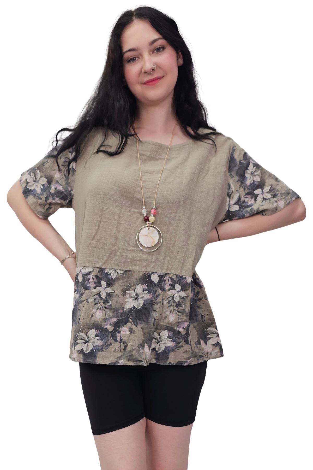 Floral Print Necklace Oversized Tunic Cotton Top