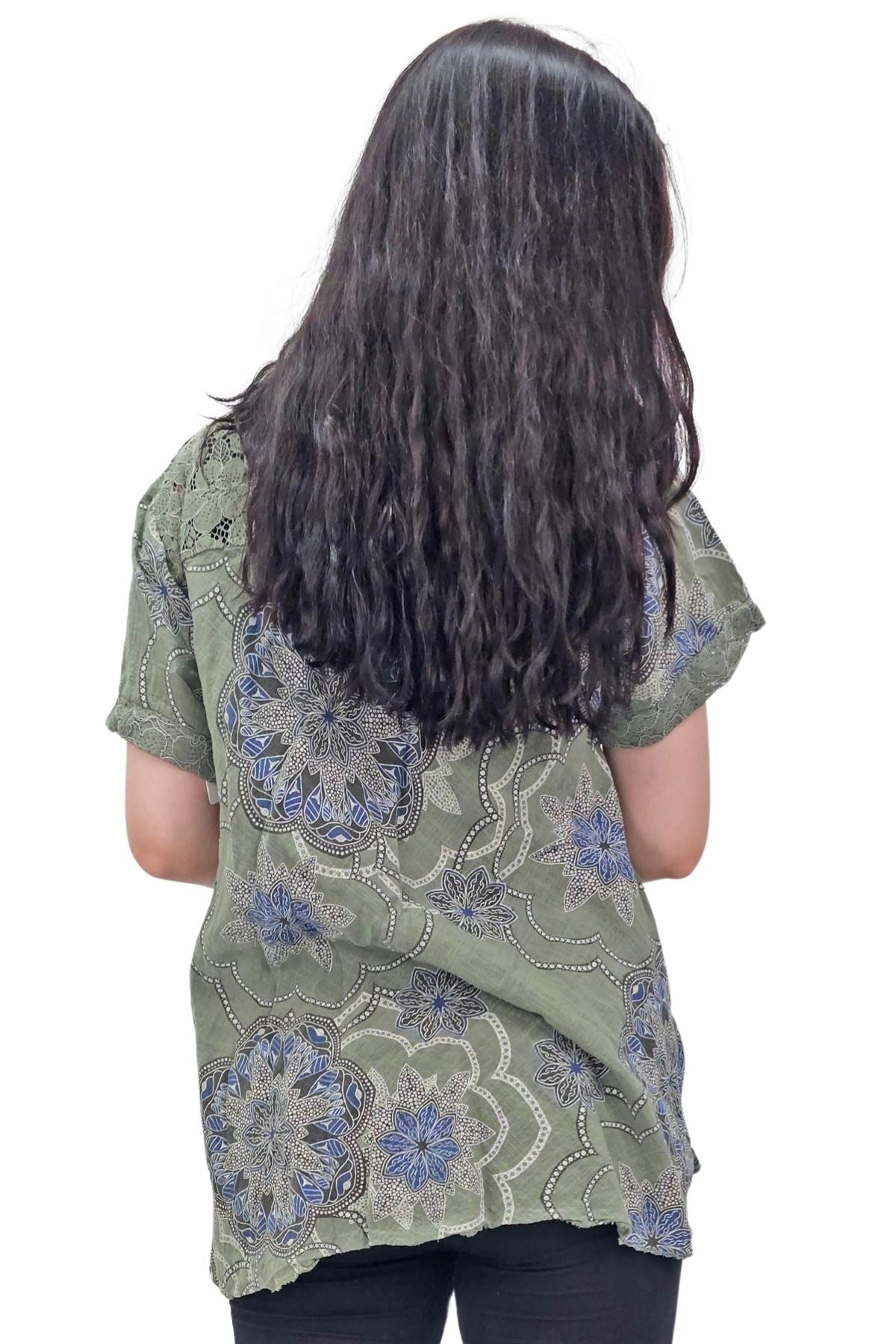 Intricate Floral Geometric Pattern Lace Detail Cotton Top