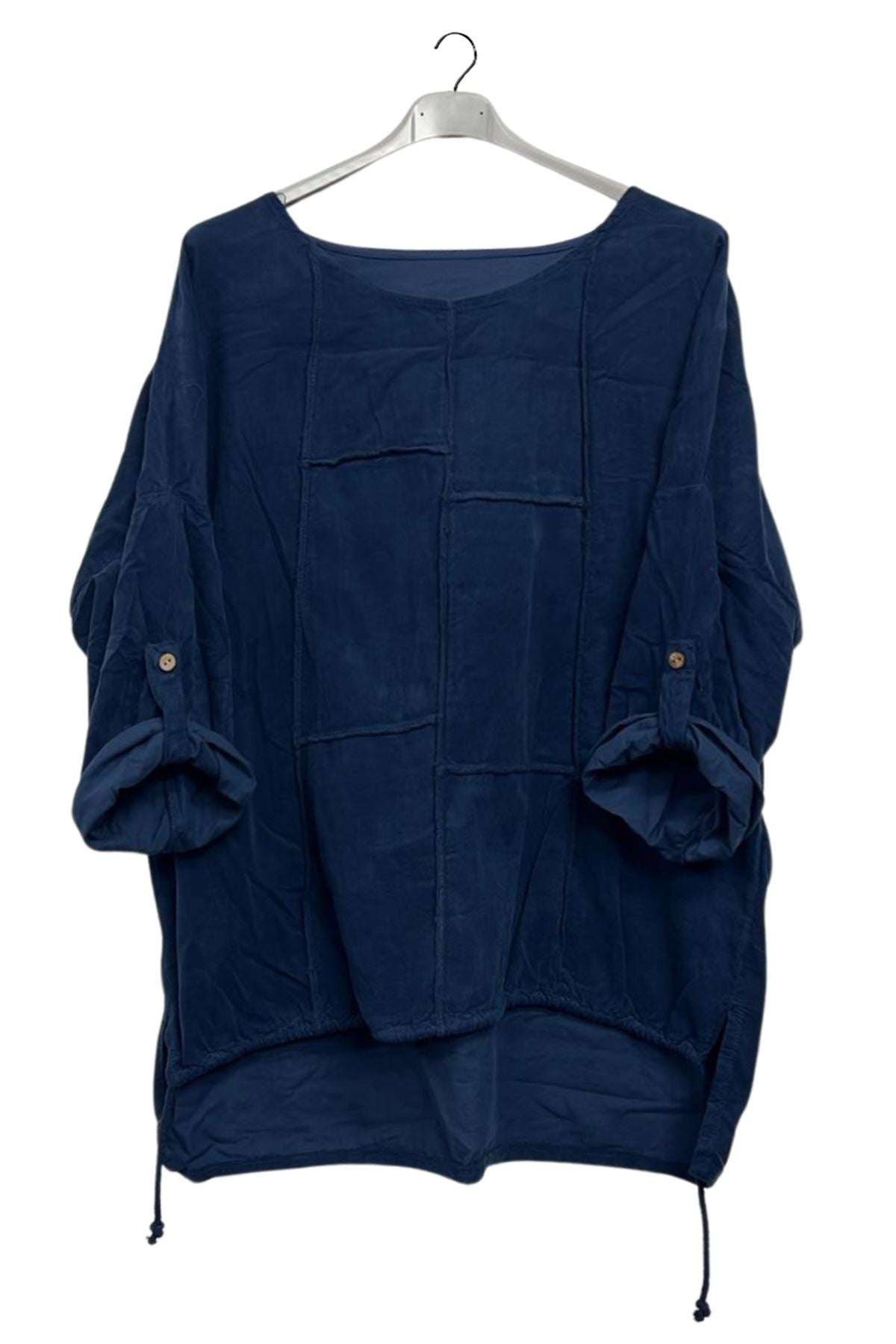 Plain Front Patch Detail High Low Drawstring Hem Cotton Top