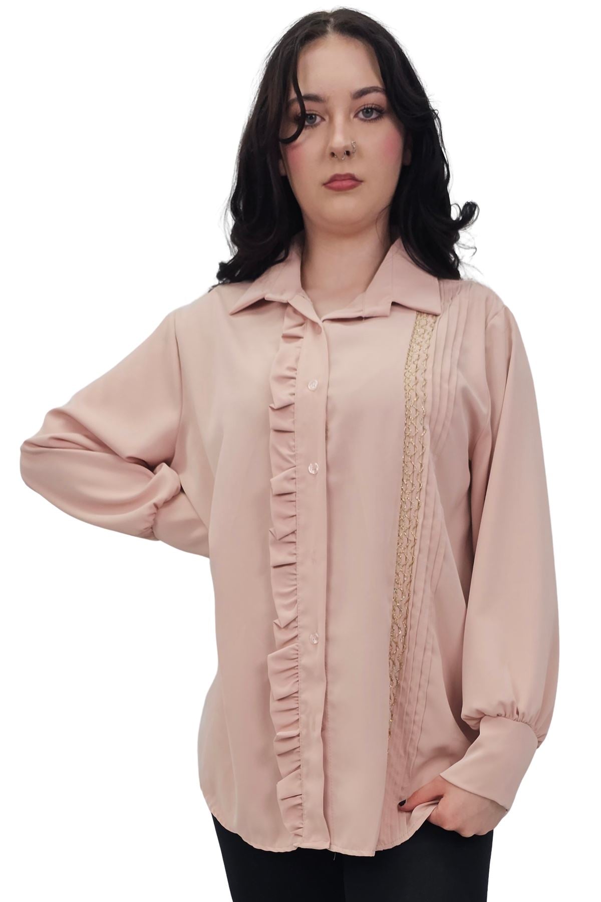 Gold Thread Pattern Ruffle Detail Shirt