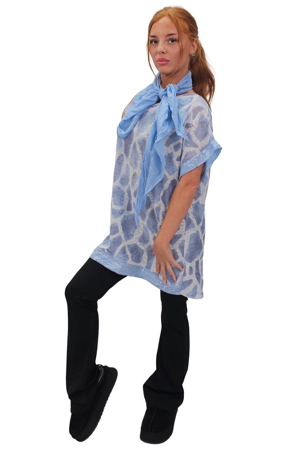 Giraffe Print Sequin Detail Hem With Scarf Box Top