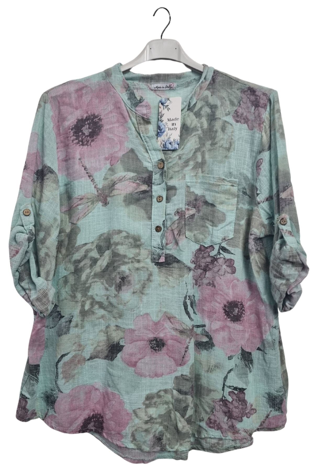 Floral Print Chest Pocket Oversized Tunic Cotton Top