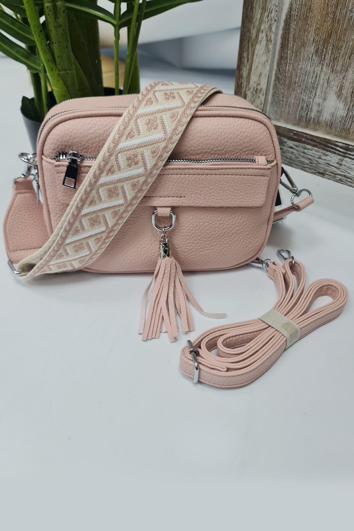 Adjustable Patterned Strap Tassel Shoulder Bag