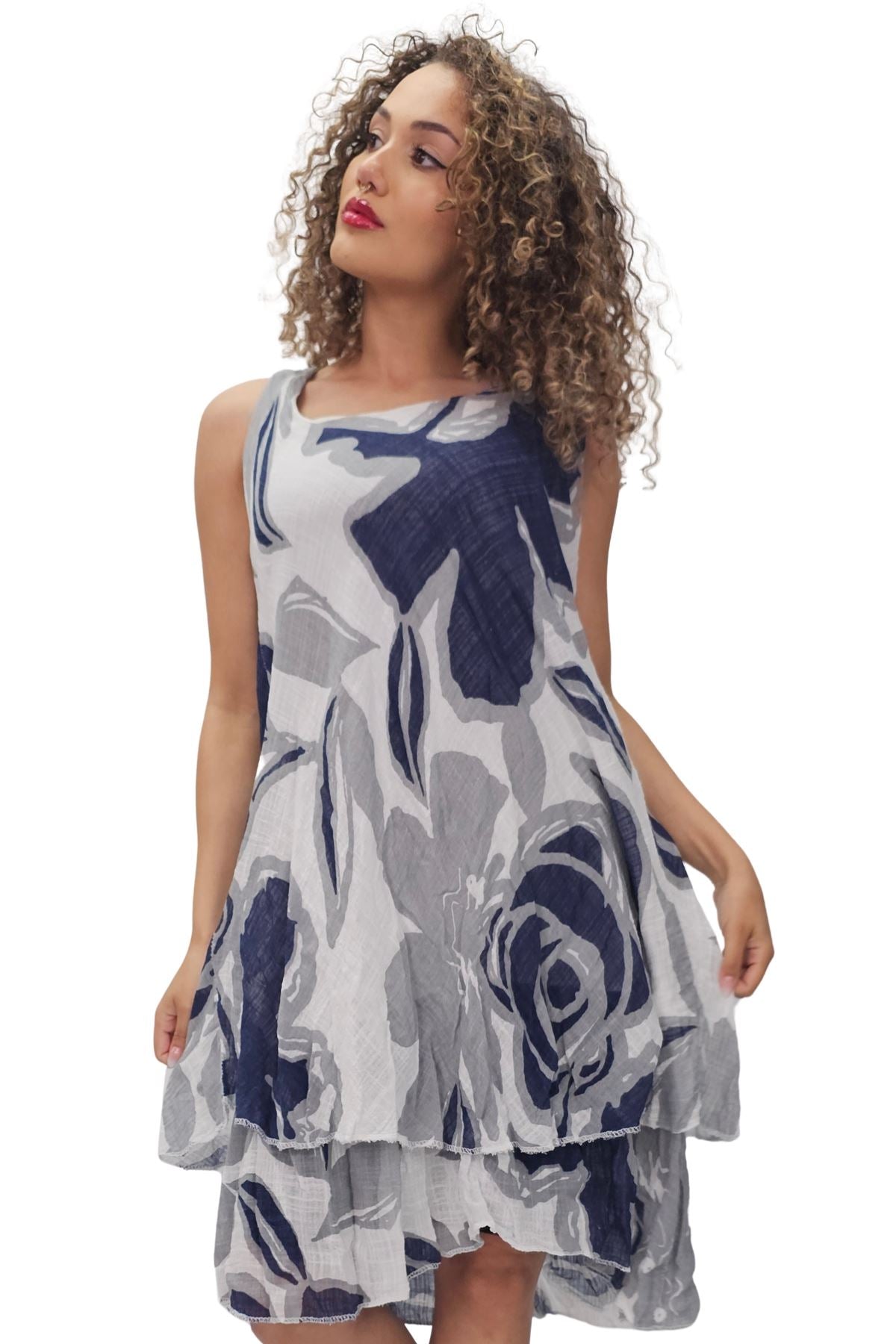Bold Floral Print Tiered Hem Cotton Dress
