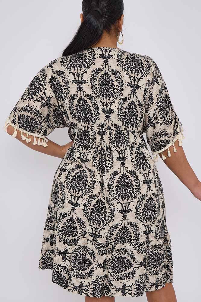 Tassel-Lace Embellished Damask Print Dress
