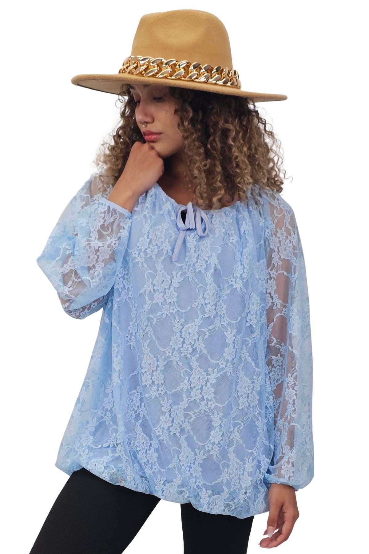 Floral Lace Overlay Curved Hemline Top