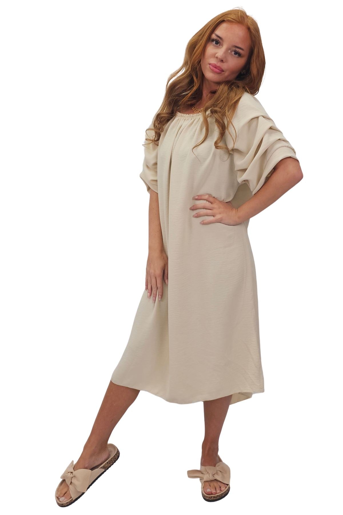 Plain Puff Sleeves Layered Detail Dress