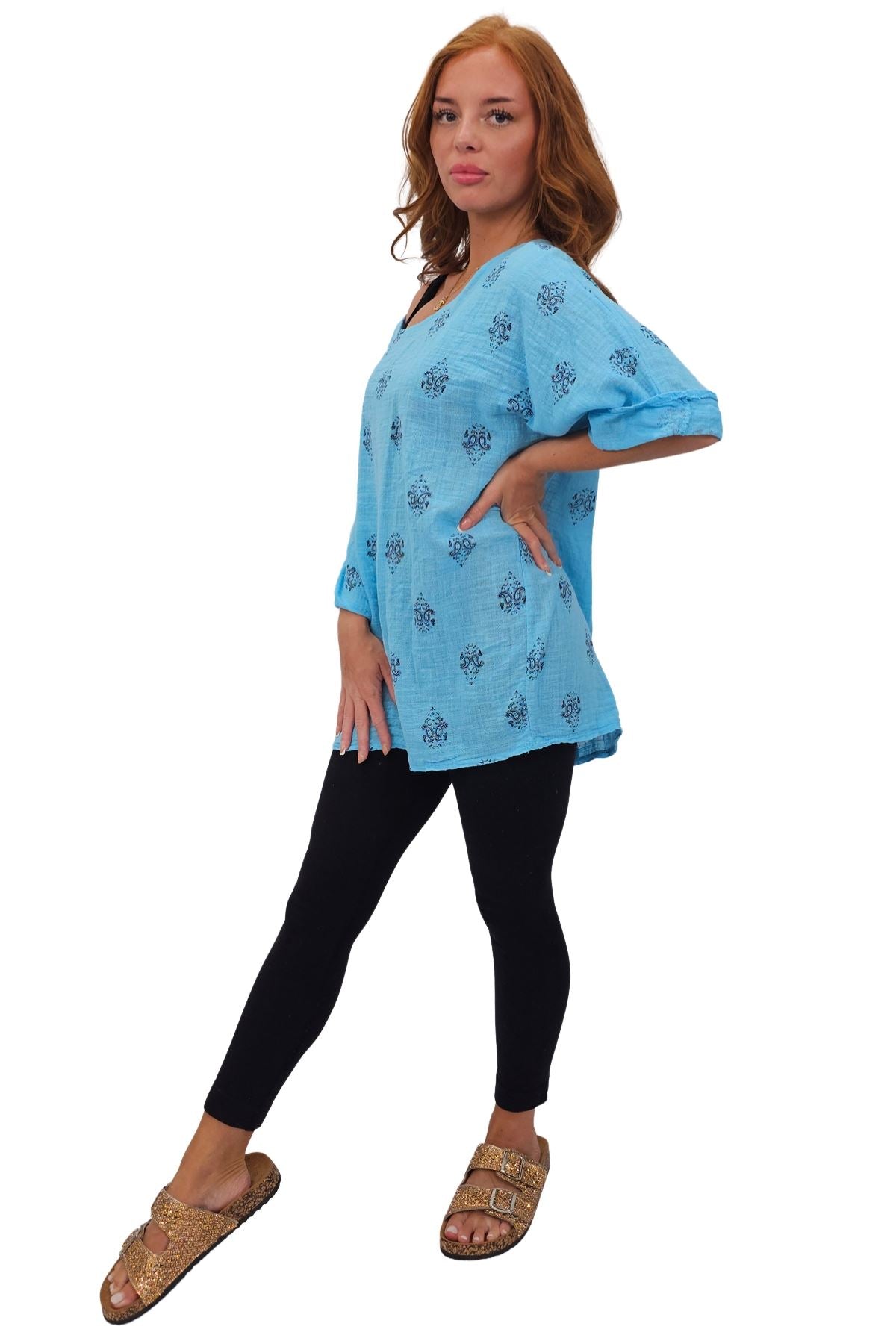 Block Print-Style Motifs Tunic Silhouette Cotton Top