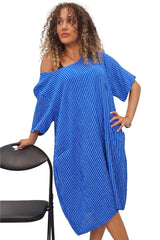Vertical Stripes Print Two Side Pockets Cotton Dress