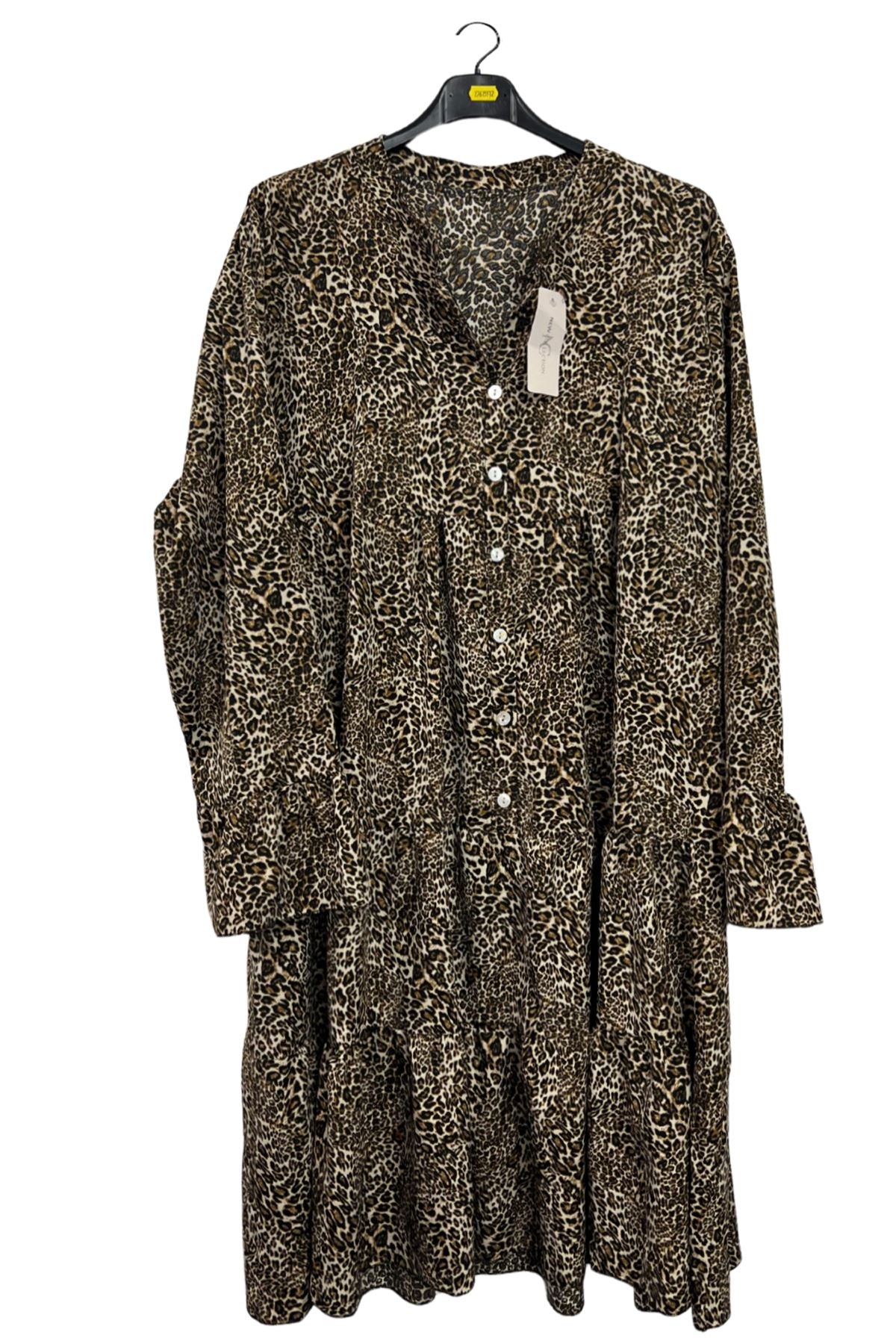 Leopards Print Tiered Button-Down Dress