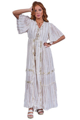 Vertical Metallic Stripe Detailing Pattern Bohemian Chic Dress