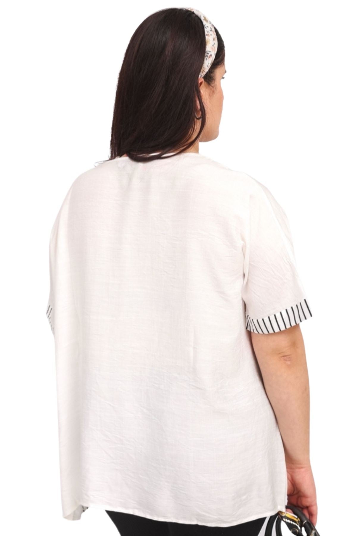 Stripe Print Side Button Detail Cotton Top