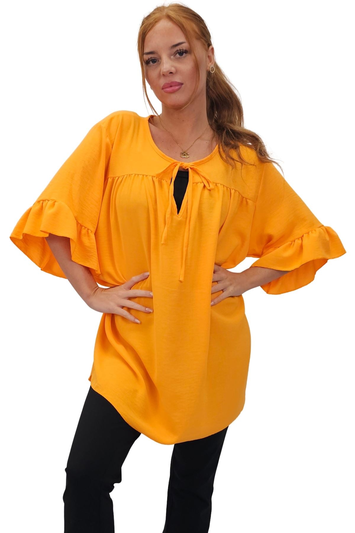 Plain Tie Neck Ruffle Sleeve Top