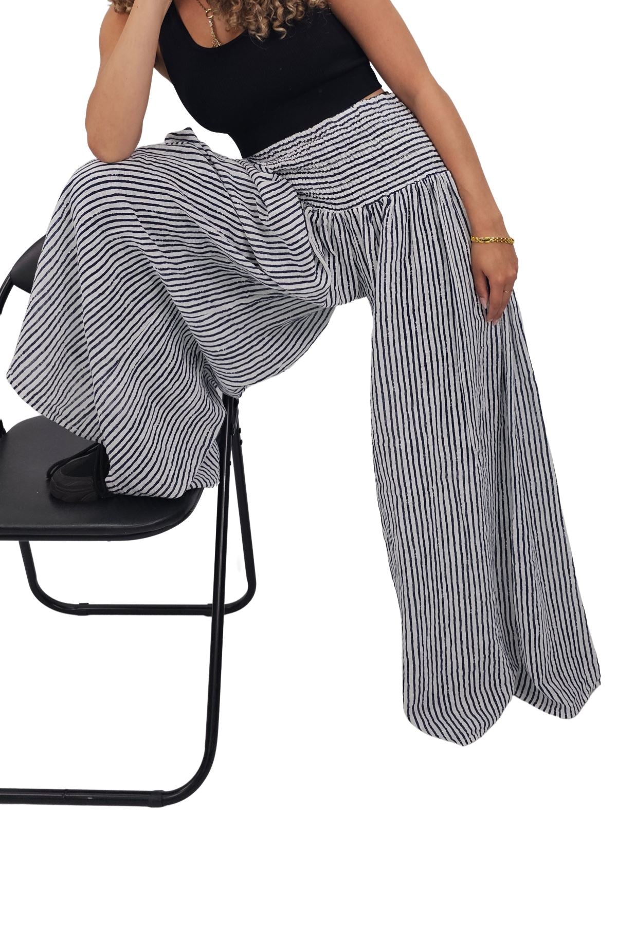 Vertical Stripes Print Smocked Waistband Wide Leg Cotton Palazzo