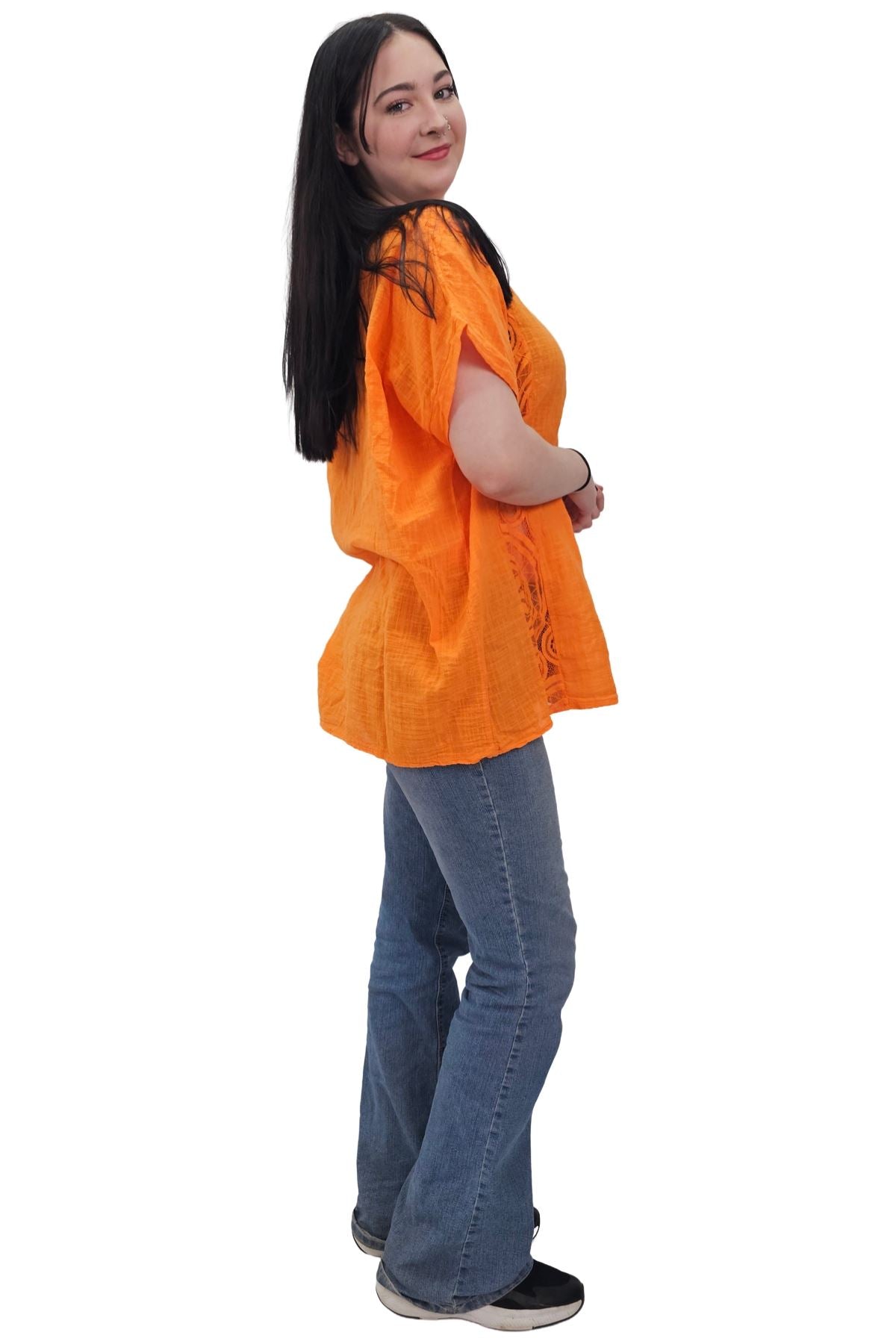 Plain Textured Side Panel Necklace Cotton Top
