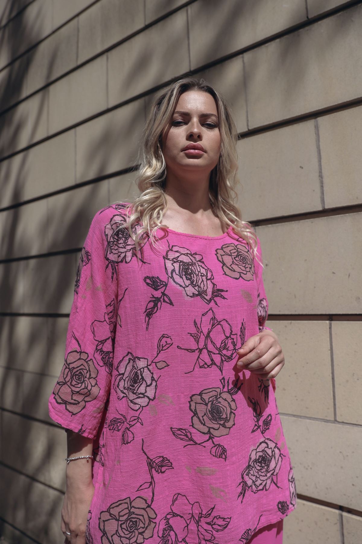 Rose Flower Print Oversized Necklace Tunic Cotton Top