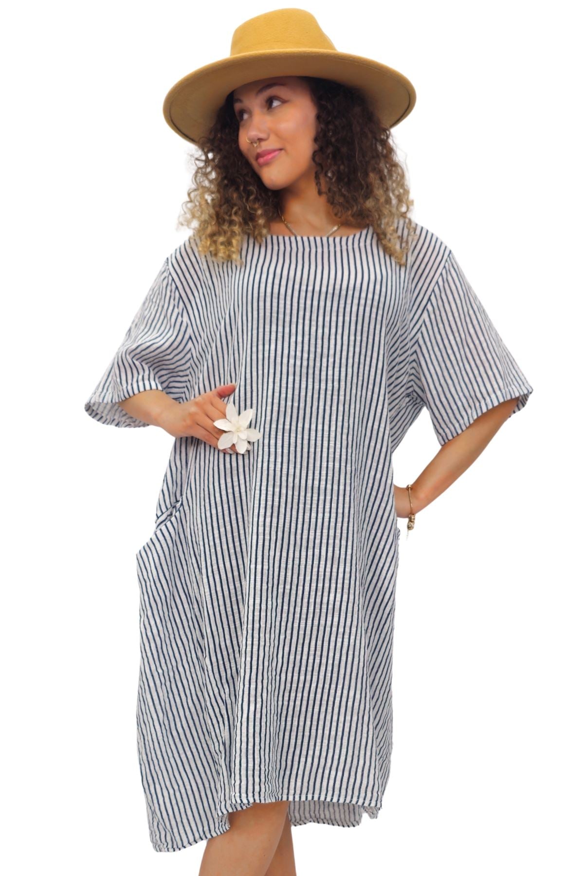 Vertical Stripes Print Two Side Pockets Cotton Dress