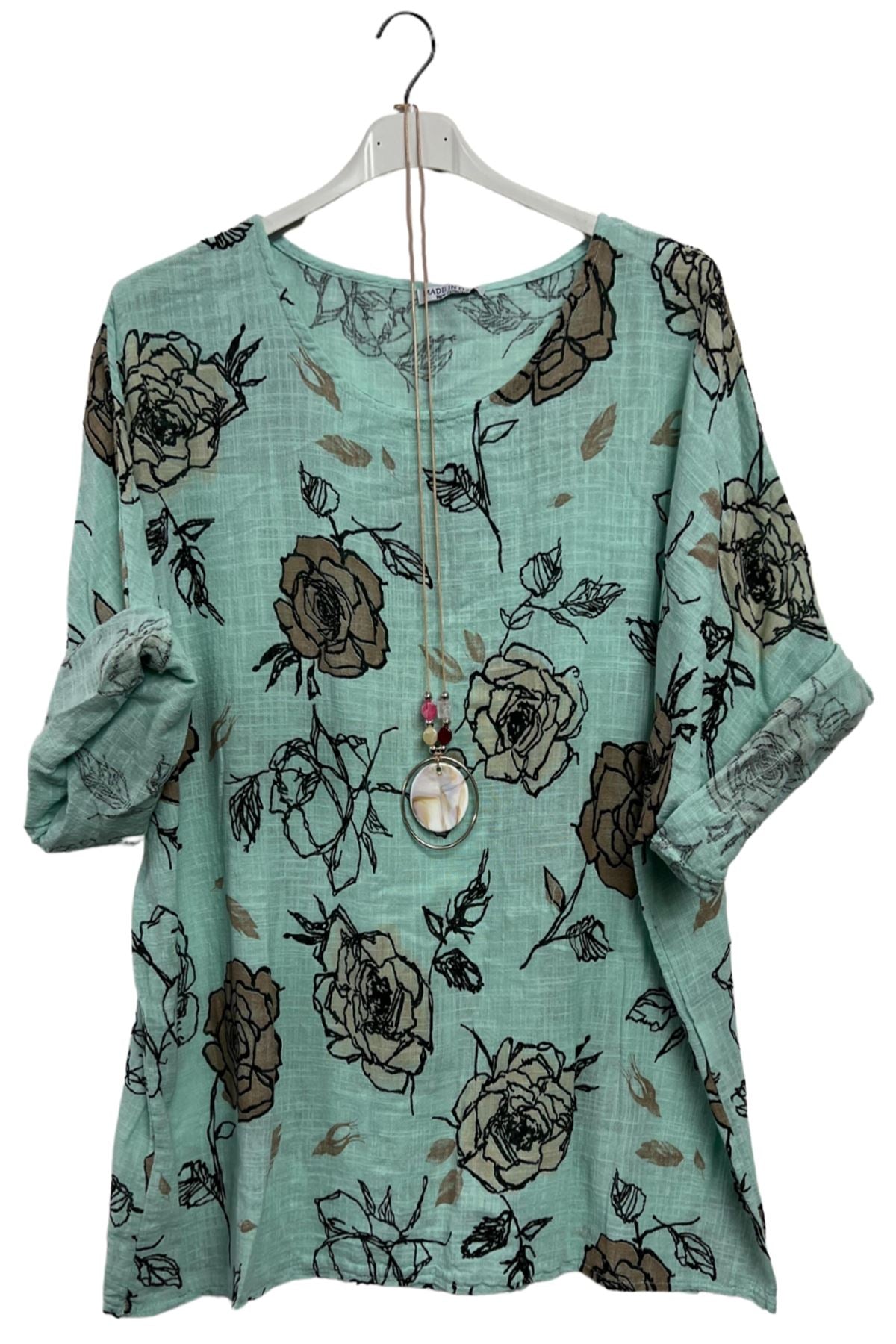 Rose Flower Print Oversized Necklace Tunic Cotton Top