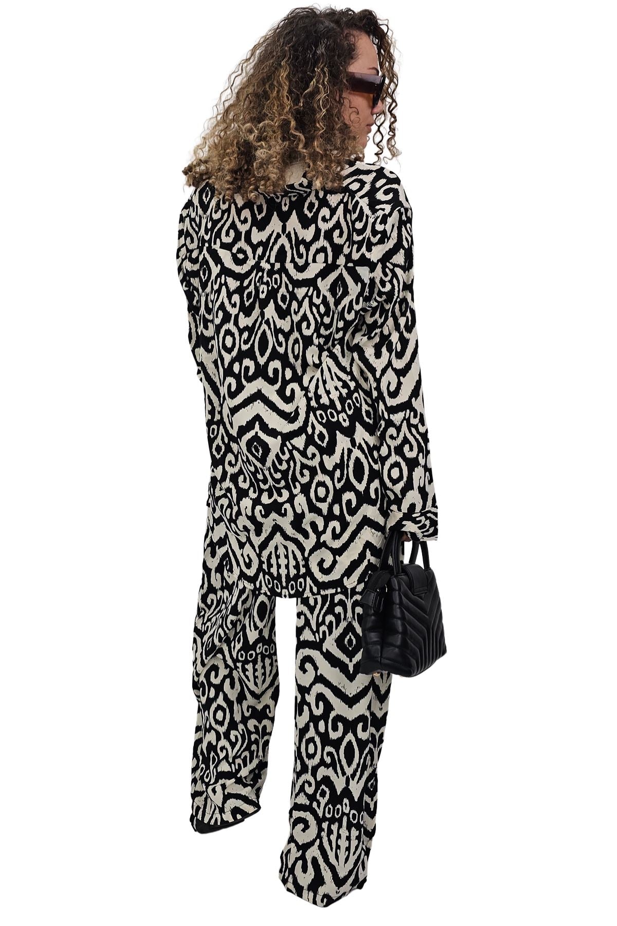 Bold Ikat Pattern Button-Up Shirt Wide Leg Co-Ord Set
