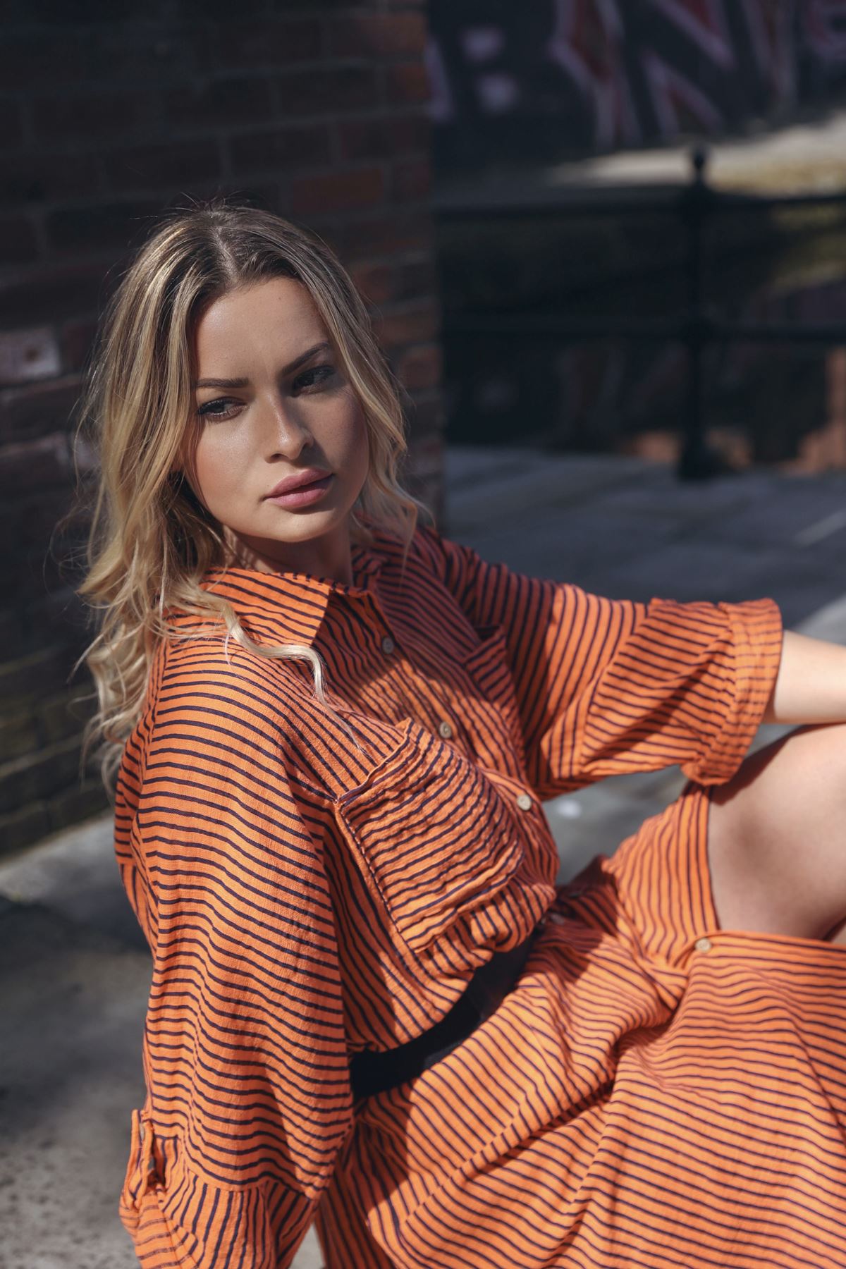 Vertical Pinstripes Print Two Chest Patch Pockets Cotton Dress