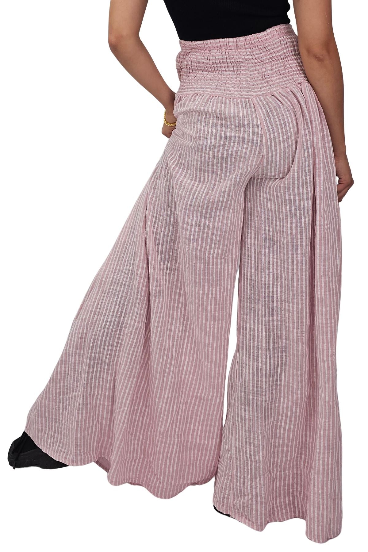 Vertical Stripes Print Smocked Waistband Wide Leg Cotton Palazzo
