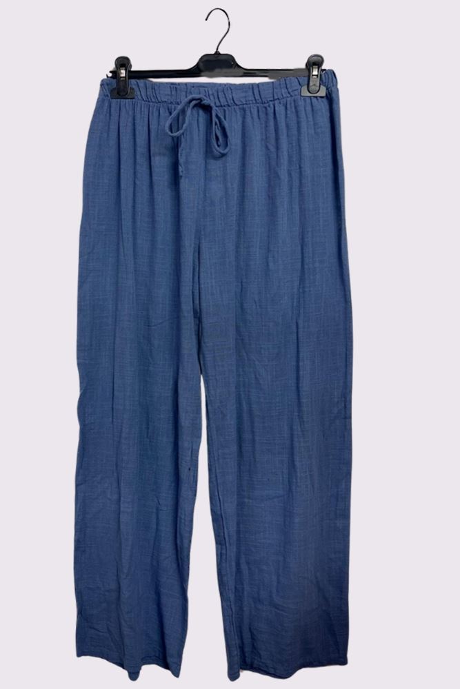 Plain Drawstring Wide Legs Cotton Trousers