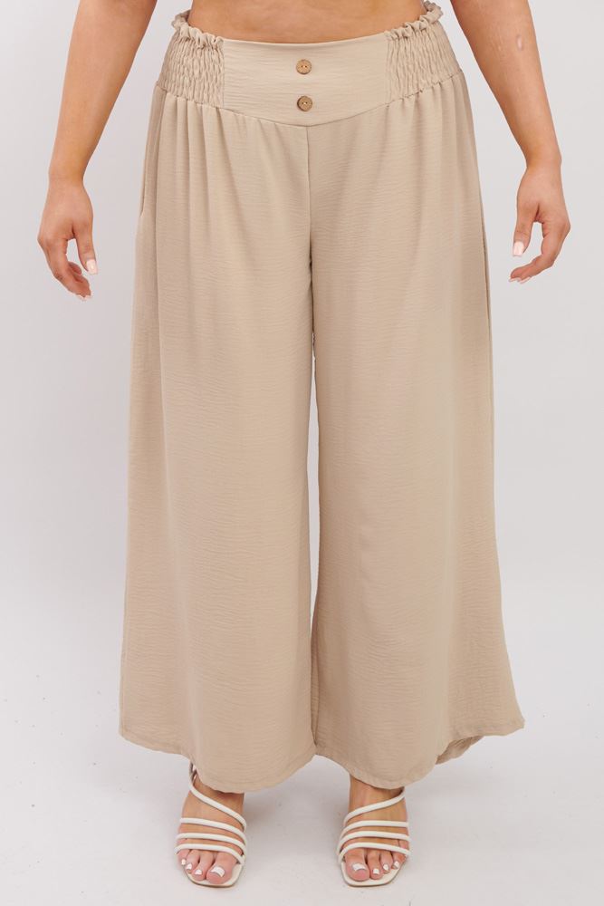 Plain Waist Button Wide Leg Trousers