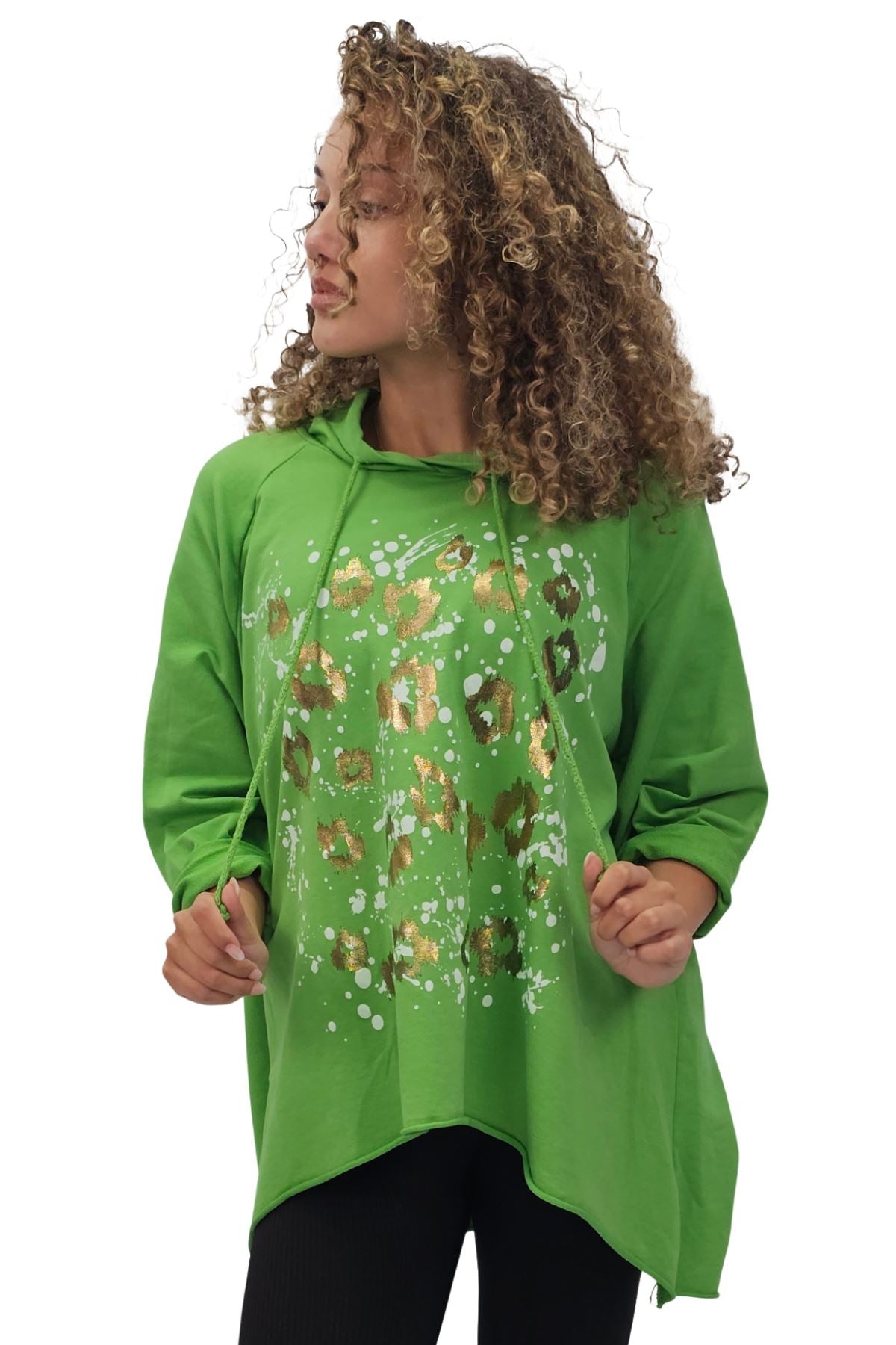 Leopard Foil Splash Print String Hoody High Low Hem Cotton Hoodie
