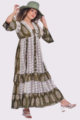 Paisley Print Ruffle Crochet Maxi Style Dress