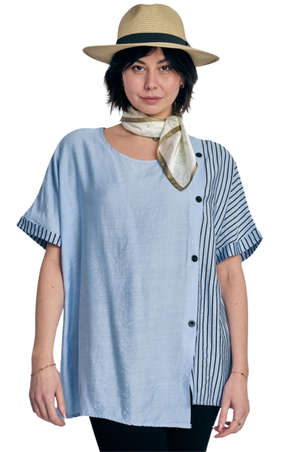 Stripe Print Side Button Detail Cotton Top
