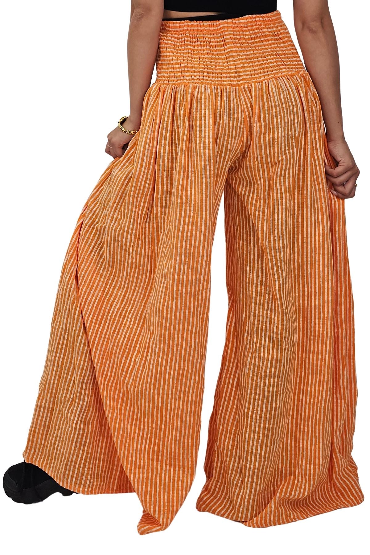 Vertical Stripes Print Smocked Waistband Wide Leg Cotton Palazzo