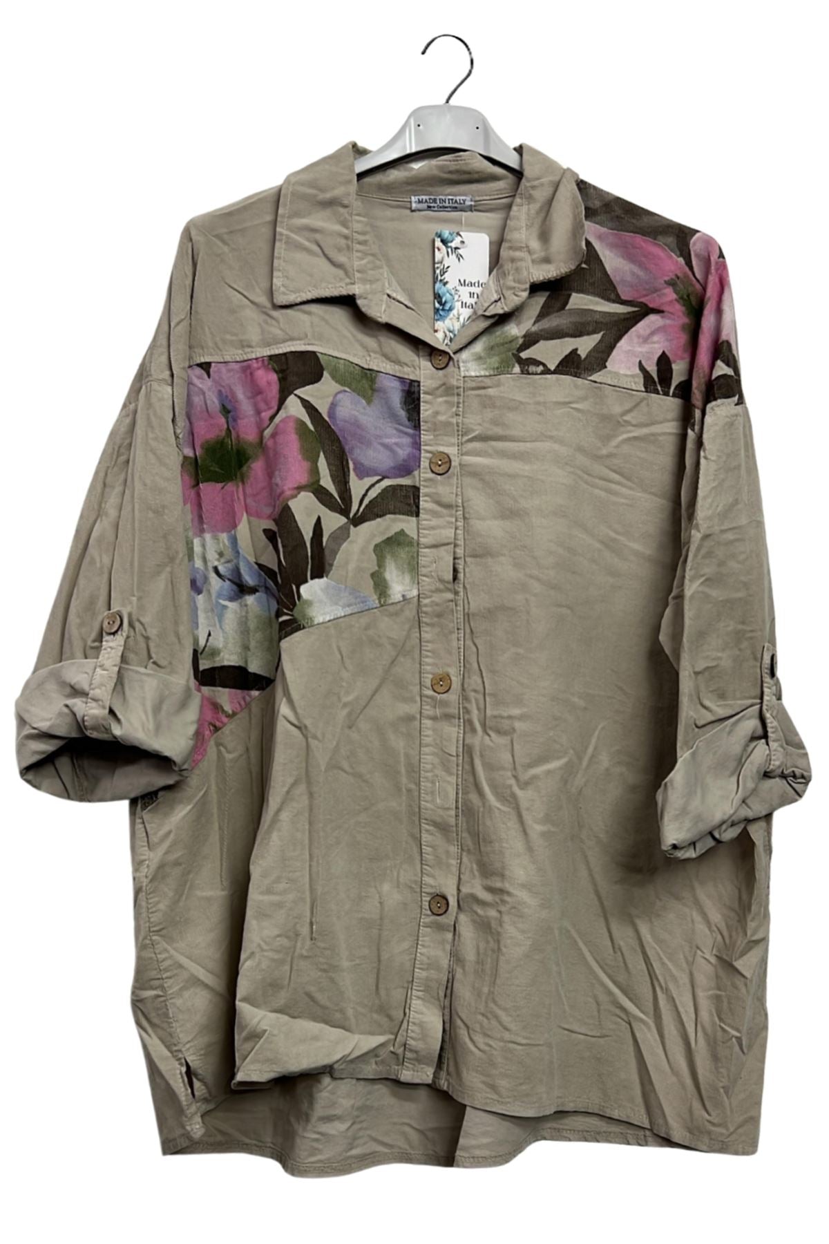 Abstract Floral Patch Print Button-Up High Low Hem Cotton Shirt