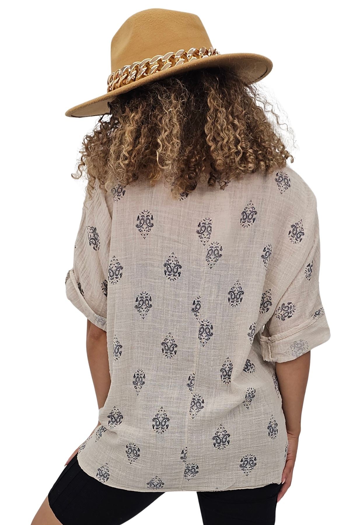 Block Print-Style Motifs Tunic Silhouette Cotton Top