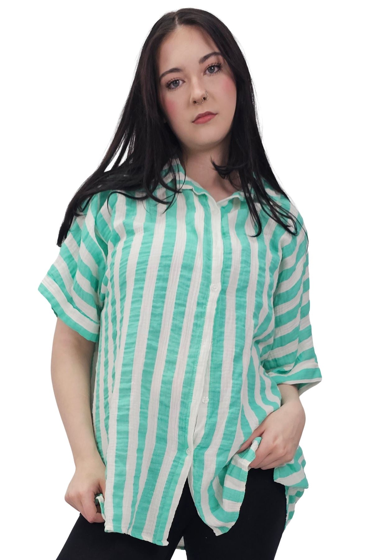 Vertical Stripes Print Front Button Down Cotton Shirt
