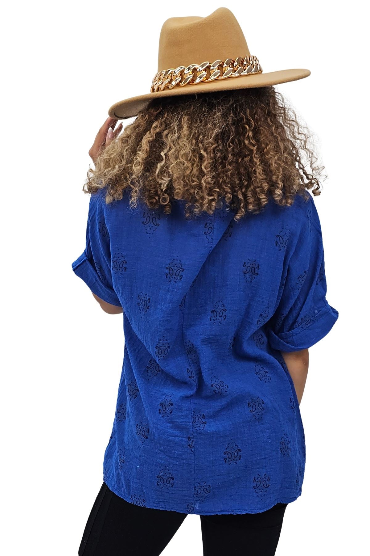 Block Print-Style Motifs Tunic Silhouette Cotton Top