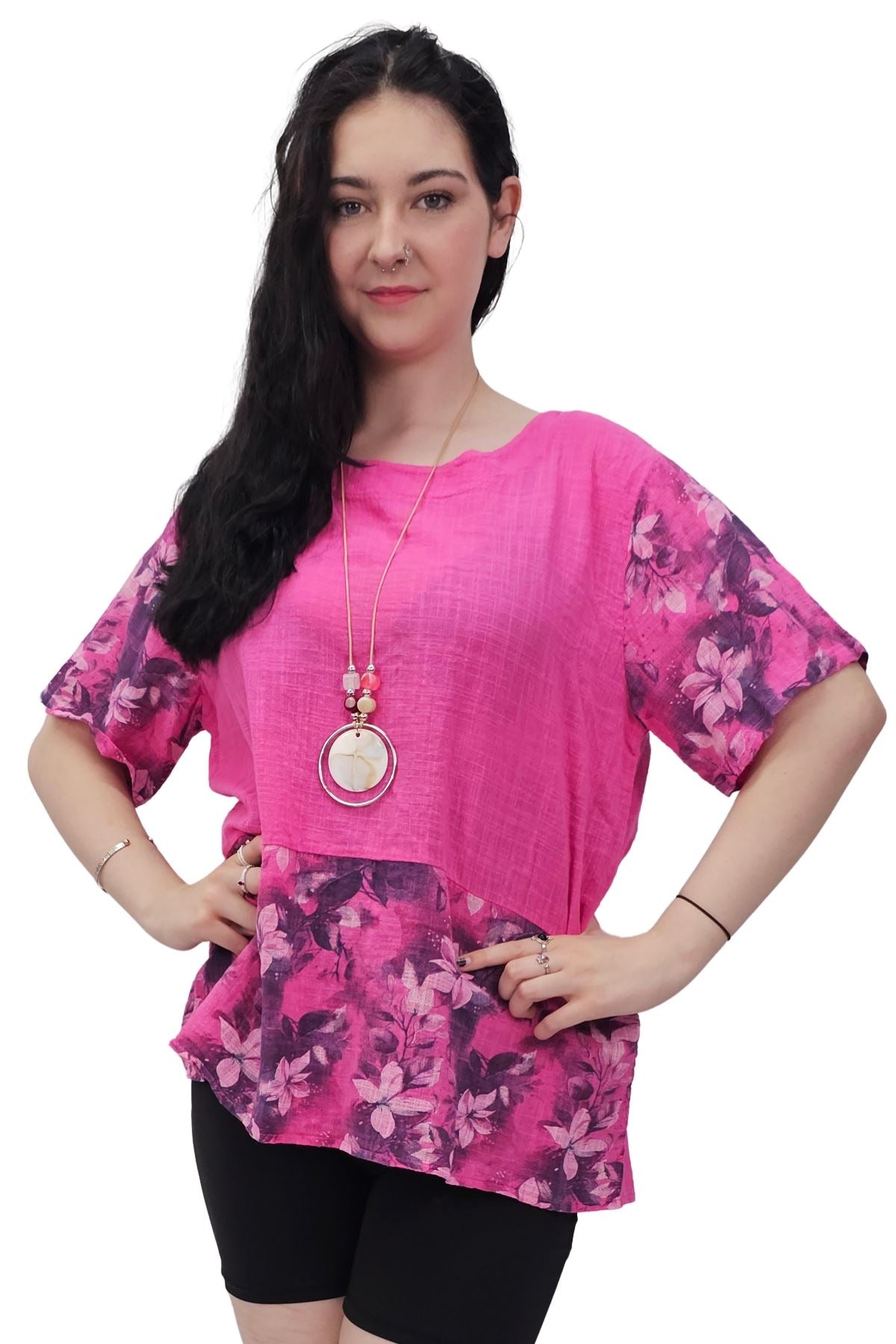 Floral Print Necklace Oversized Tunic Cotton Top