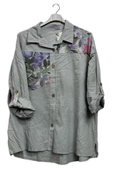 Abstract Floral Patch Print Button-Up High Low Hem Cotton Shirt