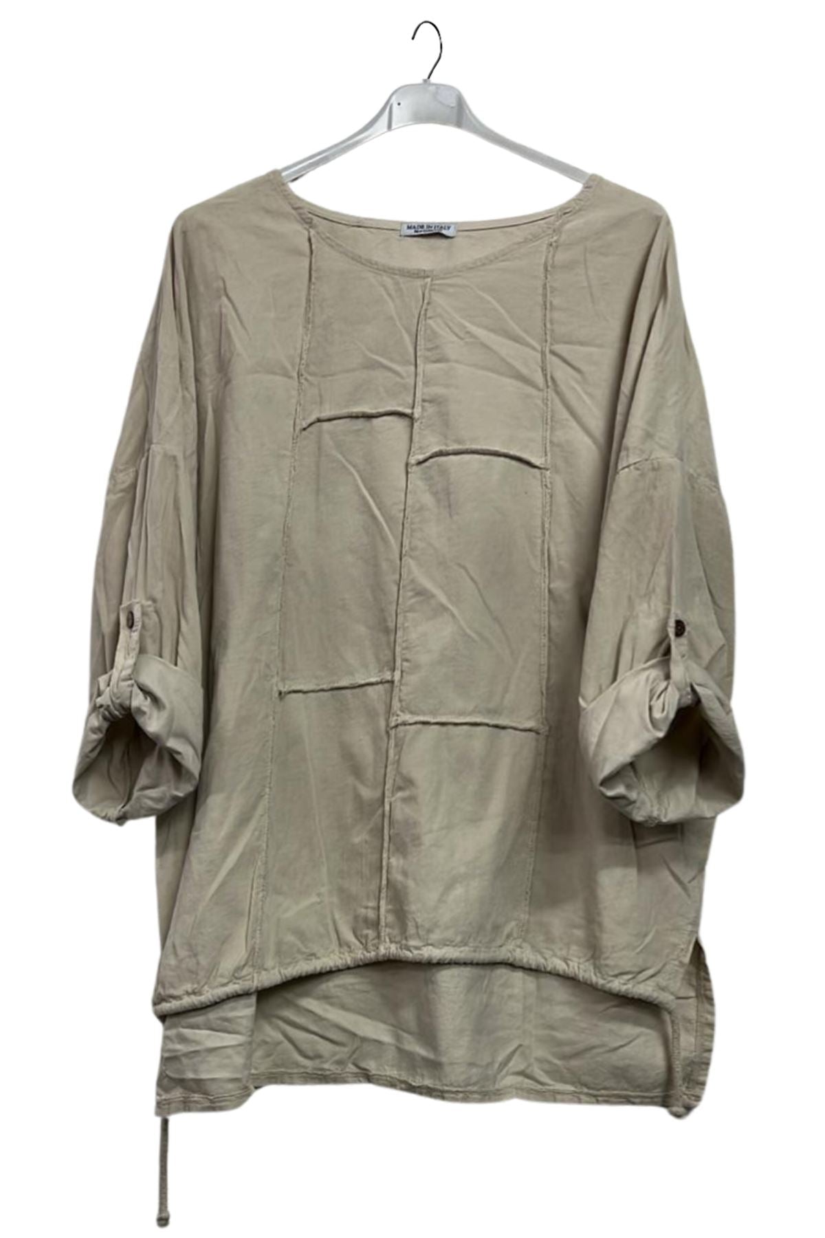 Plain Front Patch Detail High Low Drawstring Hem Cotton Top
