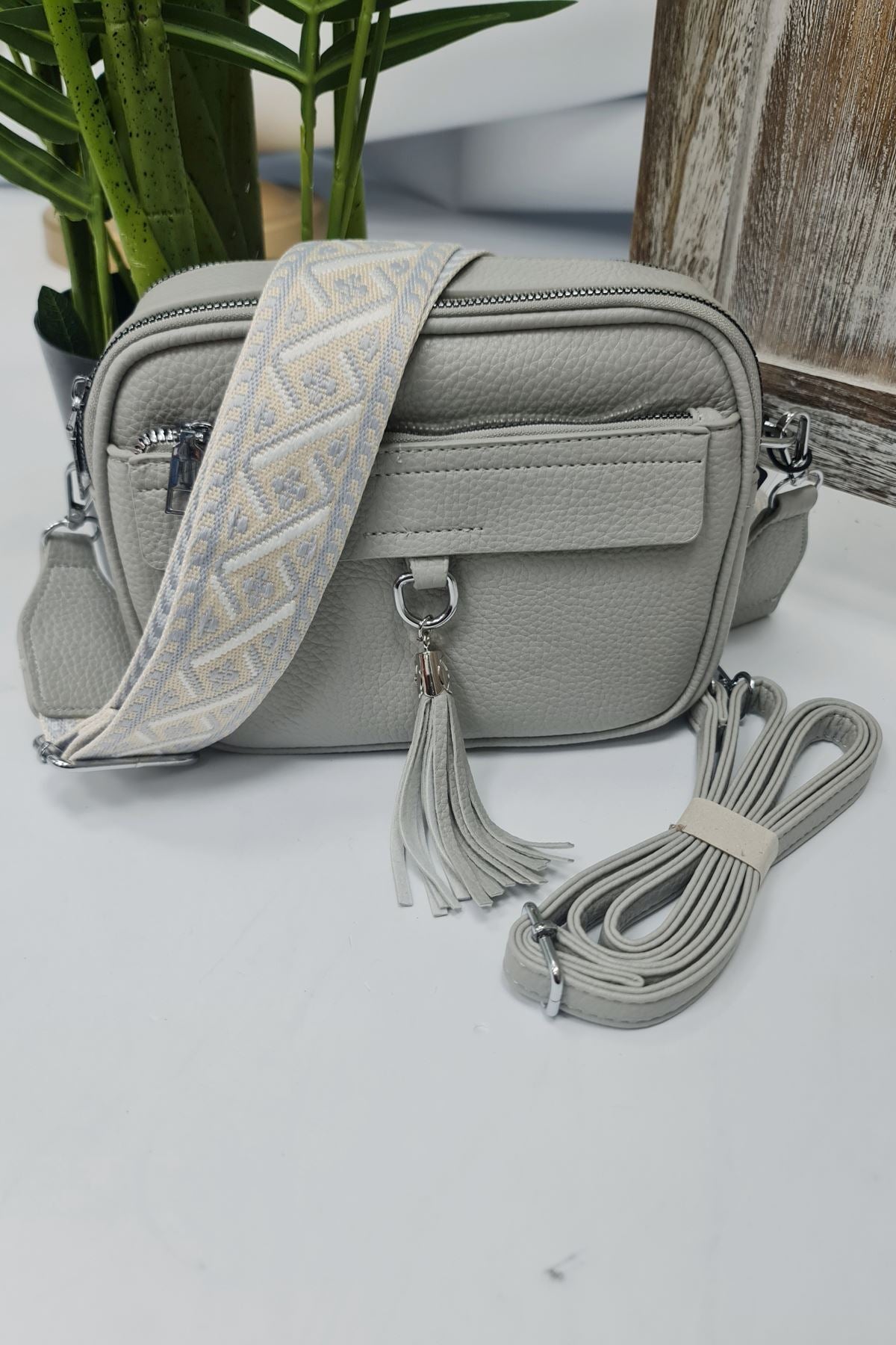 Adjustable Patterned Strap Tassel Shoulder Bag