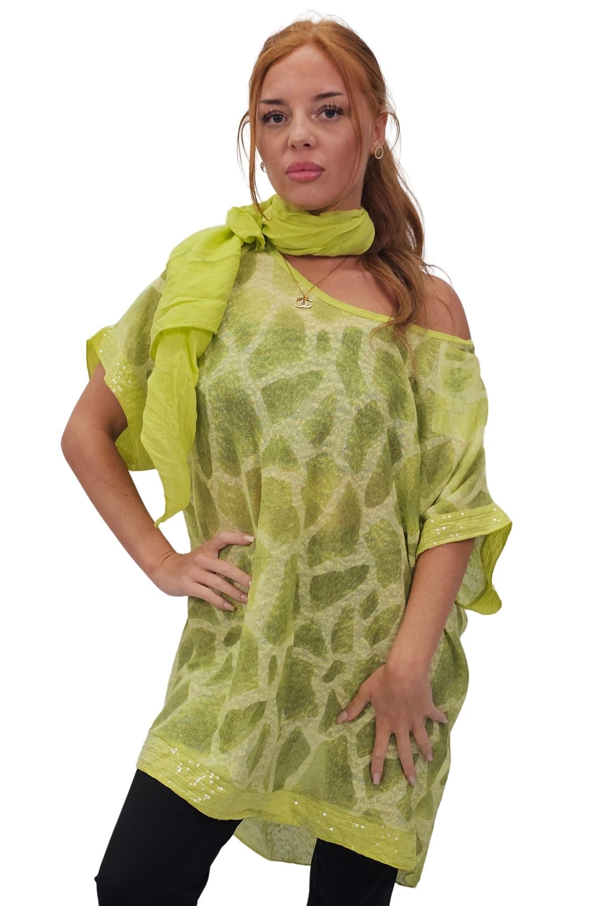 Giraffe Print Sequin Detail Hem With Scarf Box Top
