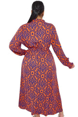Aztec Print Shirred Cuff Drawstring Waist Dress