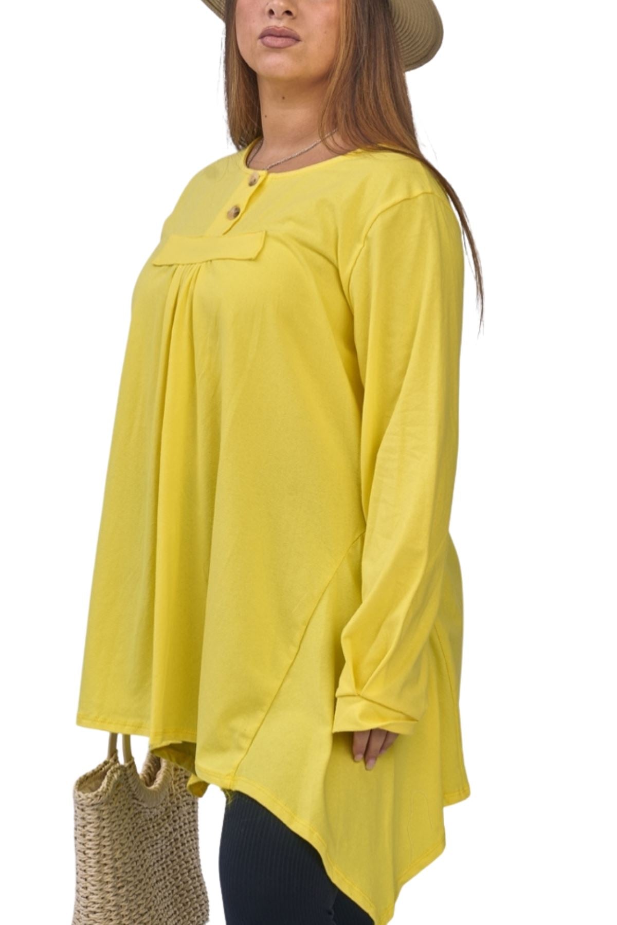Plain Front Button Detail Hanky Hem Cotton Top